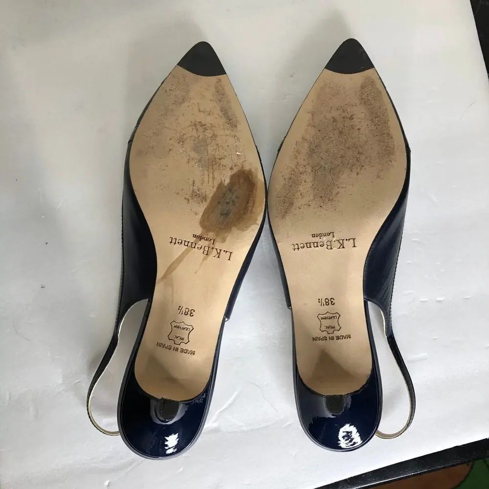 L.K. Bennett Shoe Sling Back Kitten Heel Cut Out Pointed Toe Navy Blue Chic 38.5